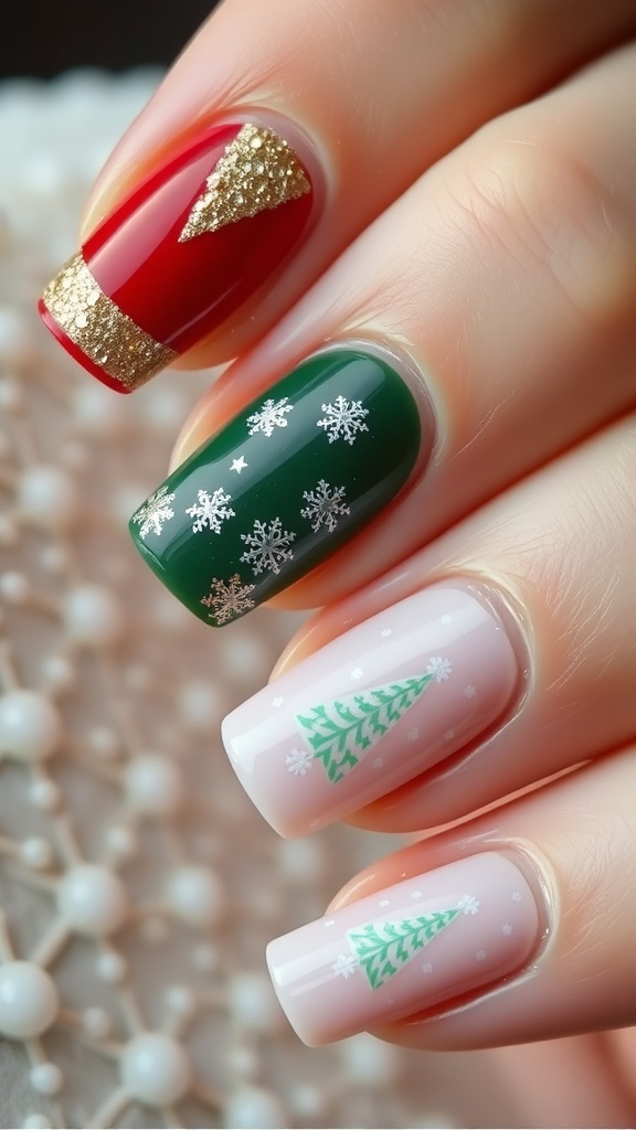 Festive Christmas Nail Designs for Women Over 60 Elegant Christmas nail designs featuring red, green, and glitter accents.